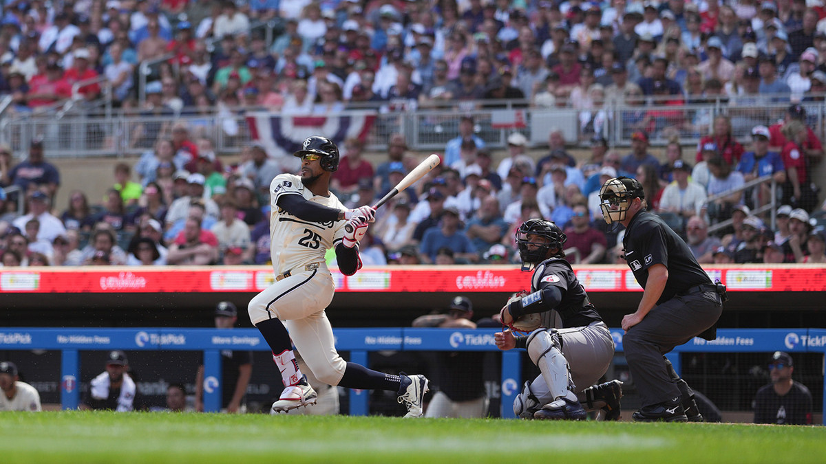 Minnesota Twins center fielder Byron Buxton (25) hits into a fielder’s choice during the sixth inning against the Cleveland Guardians at Target Field.