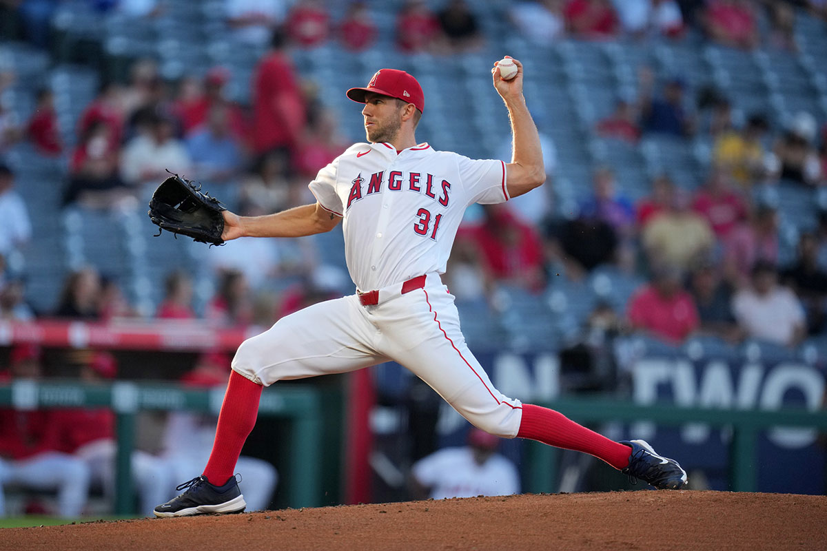  Los Angeles Angels starting pitcher Tyler Anderson (31) throws in the second inning against the Toronto Blue Jays at Angel Stadium.