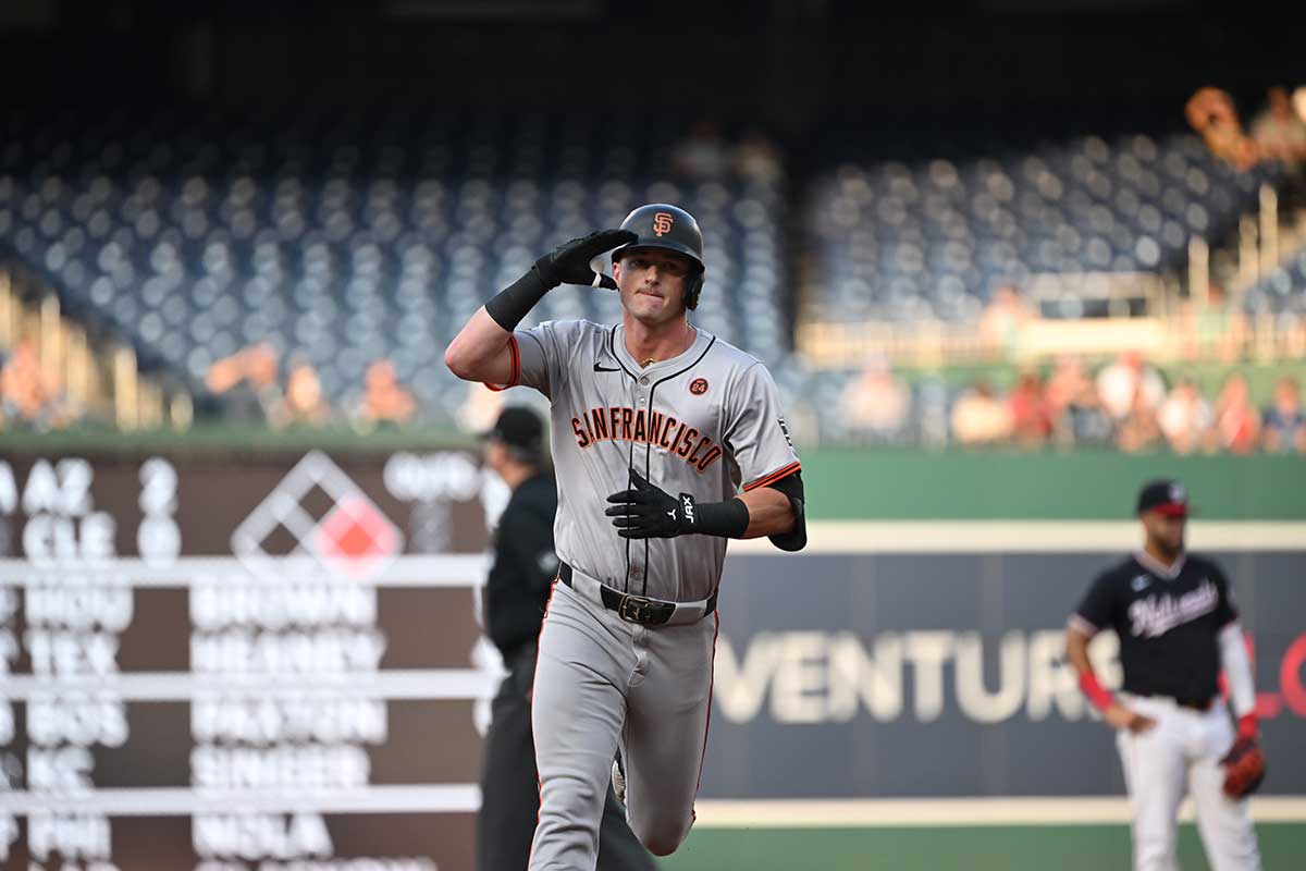 San Francisco Giants center fielder Tyler Fitzgerald (49) salutes as he jogs around the bases after hitting a home run against the Washington Nationals during the first inning at Nationals Park.