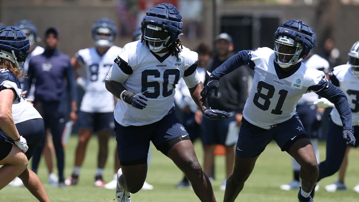 Jul 26, 2024; Oxnard, CA, USA; Dallas Cowboys tackle Tyler Guyton (60) and tight end John Stephens (81) during training camp at the River Ridge Playing Fields in Oxnard, Californian. Mandatory Credit: Jason Parkhurst-USA TODAY Sports