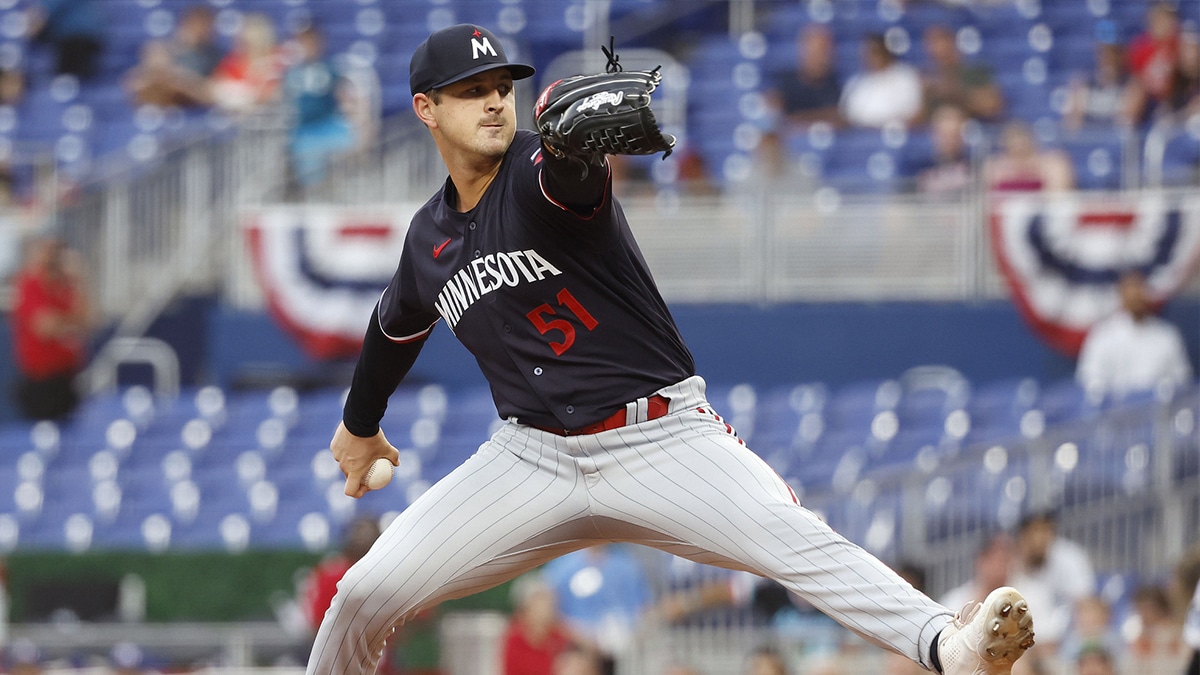 Apr 3, 2023; Miami, Florida, USA; Minnesota Twins starting pitcher Tyler Mahle (51) pitches against the Miami Marlins during the first inning at loanDepot Park. 