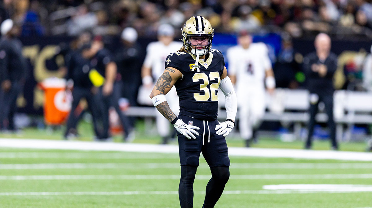New Orleans Saints safety Tyrann Mathieu (32) looks on against the Atlanta Falcons during the first half at Caesars Superdome.
