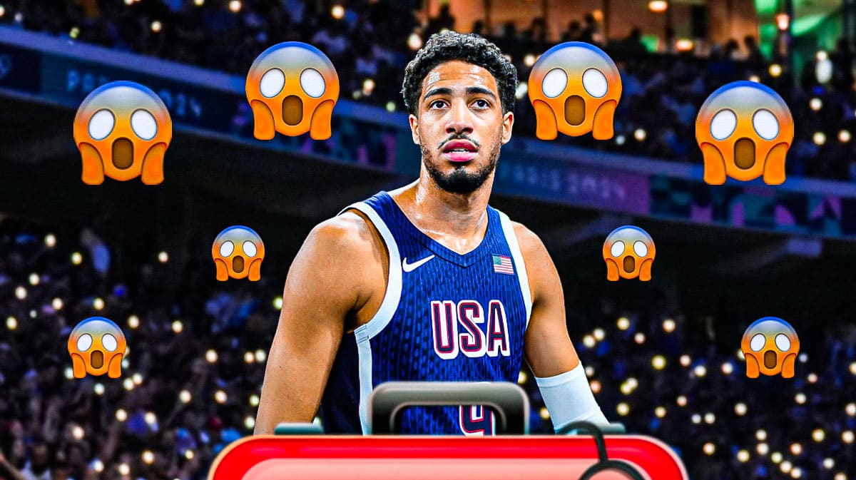 Tyrese Haliburton (in a Team USA uniform) with an injury kit in front of him and a bunch of shocked emojis in the background