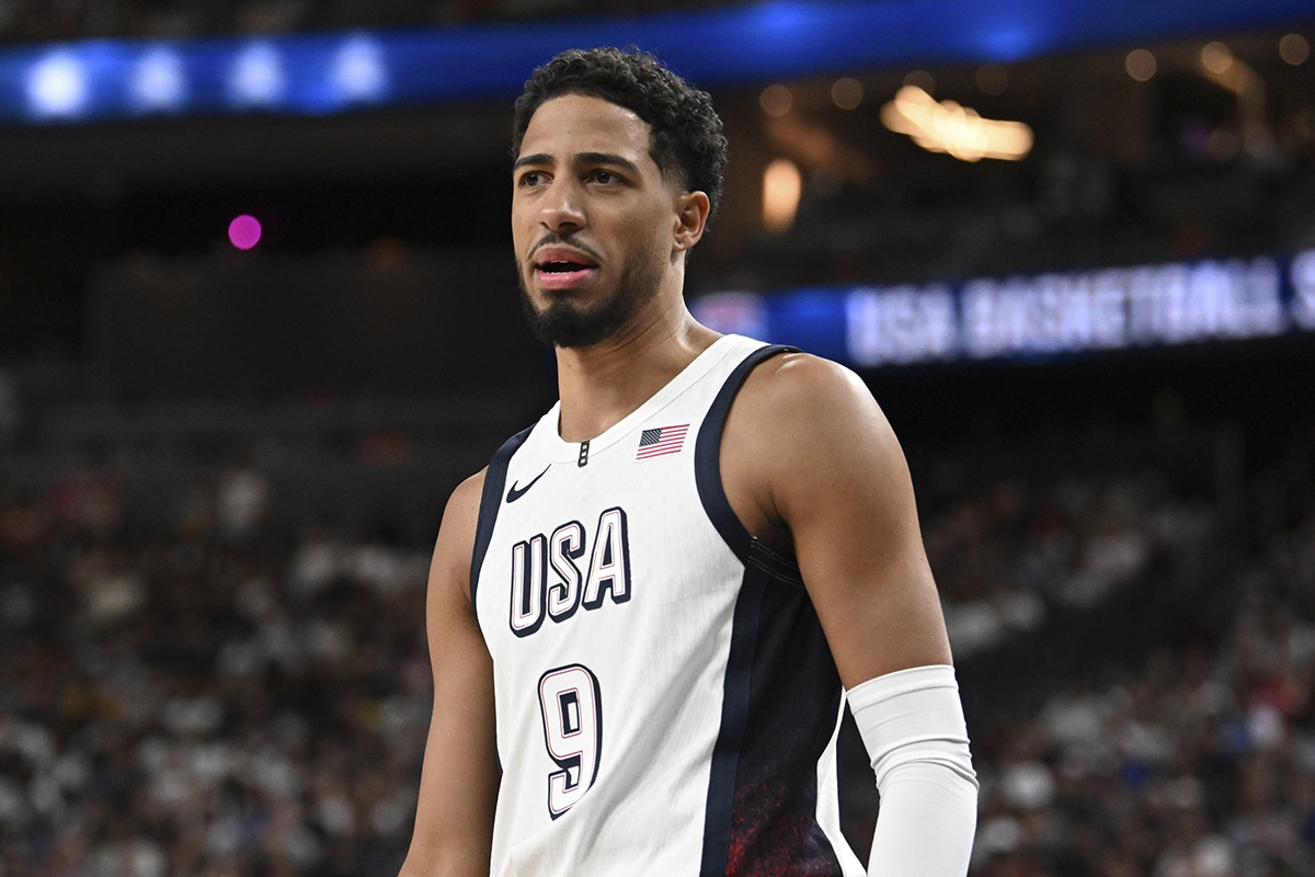 USA guard Tyrese Haliburton (9) looks on in the third quarter against Canada in the USA Basketball Showcase at T-Mobile Arena.