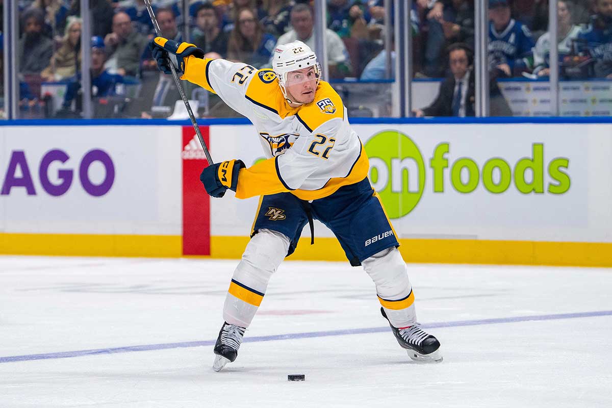 Tyson Barrie (22), defenseman of the Nashville Predators, controls the puck against the Vancouver Canucks in the second period of game five of the first round of the 2024 Stanley Cup Playoffs at Rogers Arena.