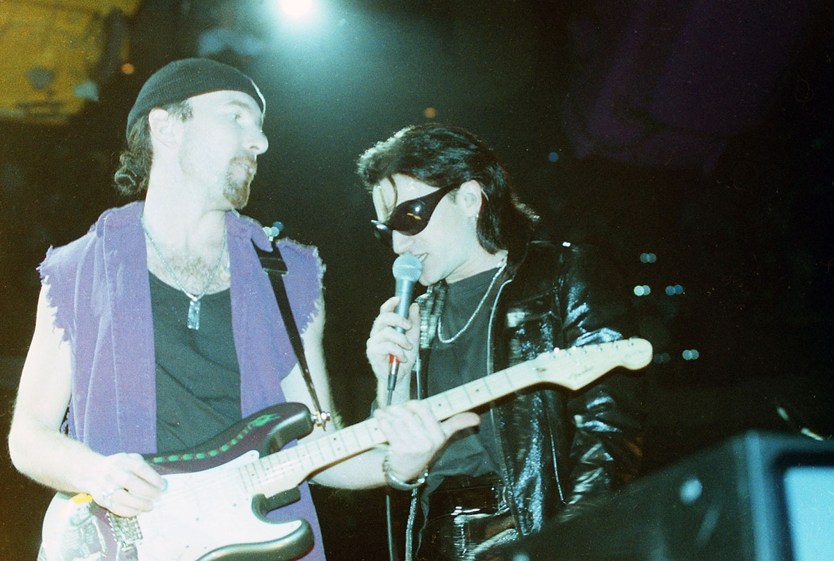 U2 guitarist The Edge and Bono on the ZooTV Tour in 1992.