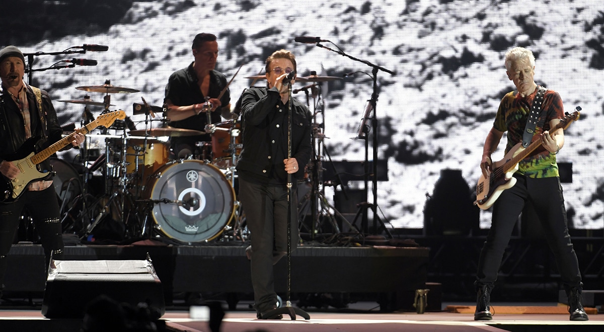 U2 performing at the Bonnaroo Festival on June 9, 2017.