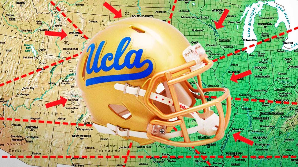 A UCLA football helmet in the middle of a map of the United States, with a bunch of red arrows and dotted lines showing the various routes across the country the school will have to travel.