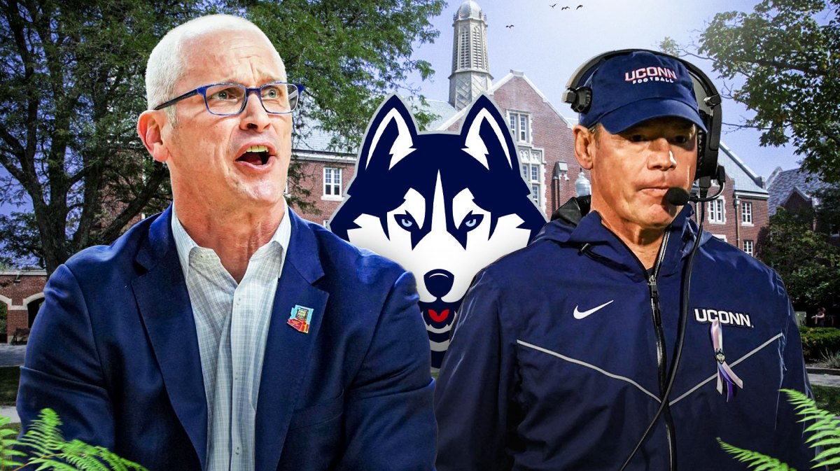 UConn Huskies logo in center, UConn Huskies men's basketball coach Danny Hurley on left side, UConn Huskies football head coach Jim Mora Jr. on right side, University of Connecticut campus in background