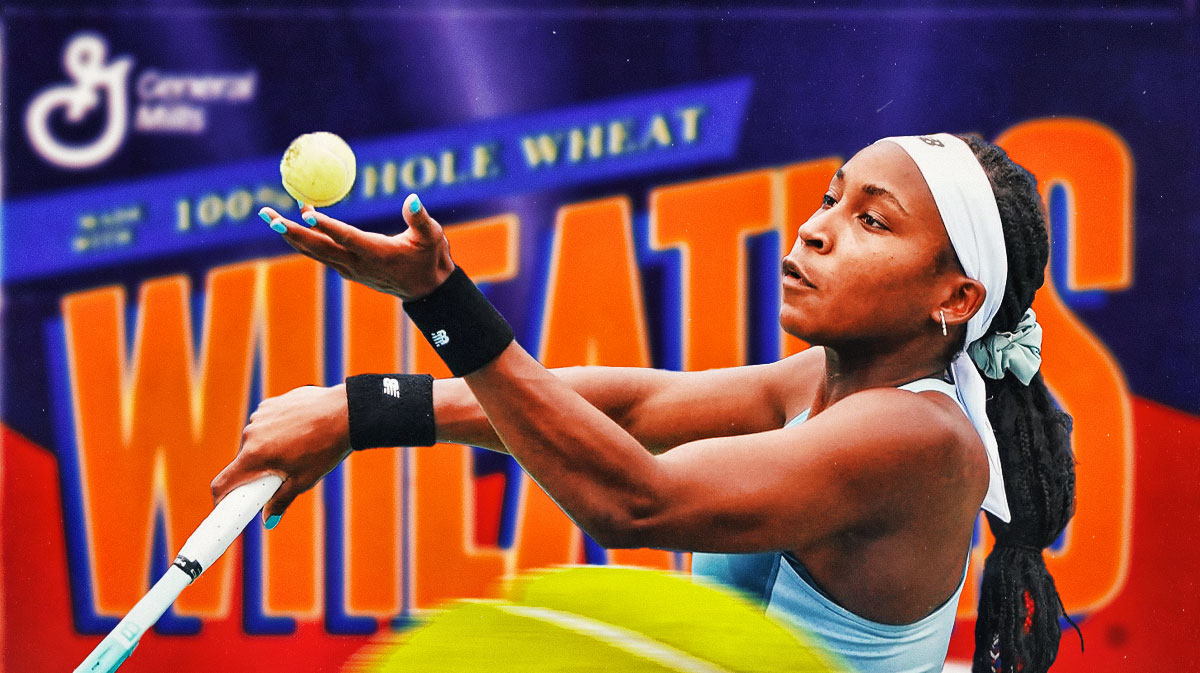 U.S. women’s tennis player Coco Gauff playing tennis on the cover of a Wheaties cereal box