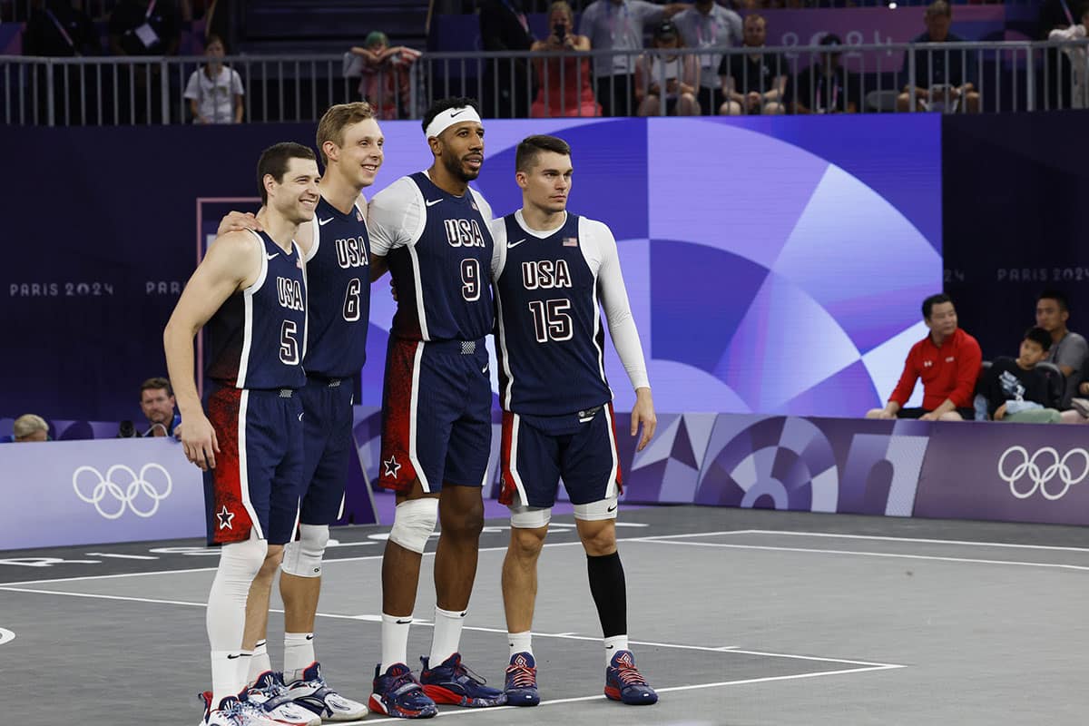 Jul 30, 2024; Paris, France; United States men’s basketball 3x3 team poses before the pool game against Serbia during the Paris 2024 Olympic Summer Games at La Concorde 1