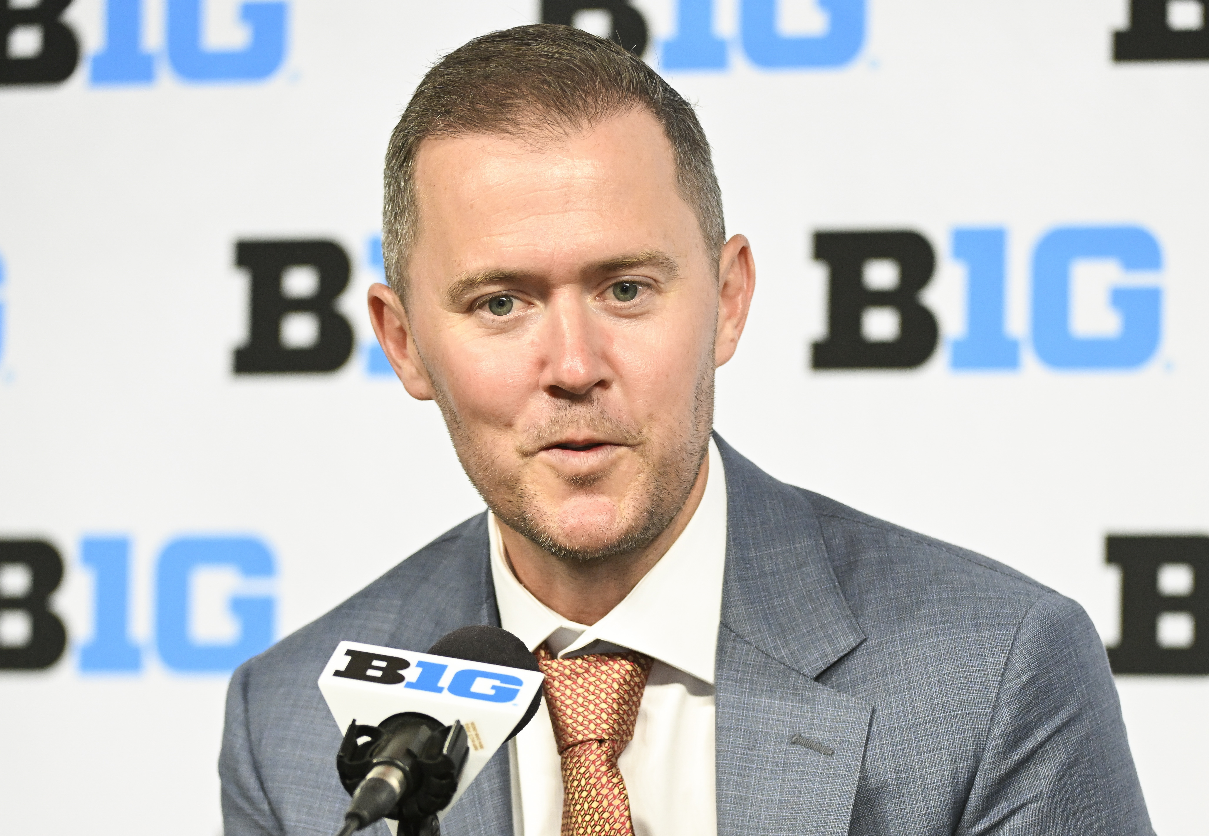 USC Trojans head coach Lincoln Riley speaks to the media during the Big 10 football media day at Lucas Oil Stadium.
