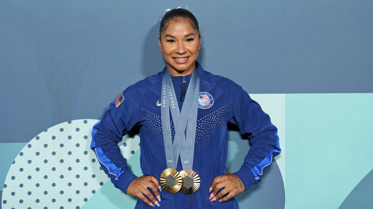 Jordan Chiles of the United States poses for a photo with her gold and bronze medasl after day three of the gymnastics event finals during the Paris 2024 Olympic Summer Games.