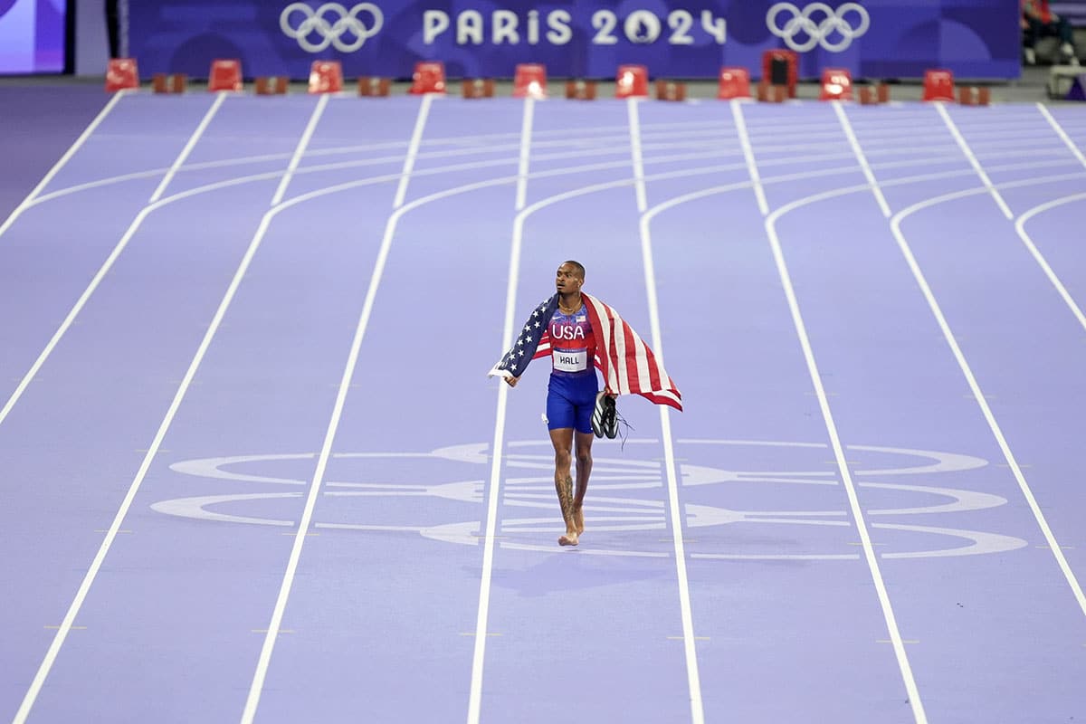 Quincy Hall (USA) celebrates after winning the menís 400m final during the Paris 2024 Olympic Summer Games at Stade de France. 