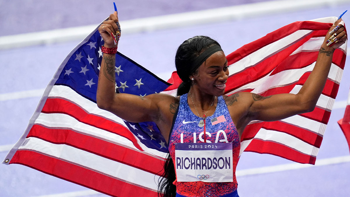 Sha'carri Richardson (USA) celebrates after winning the womenís 4x100m relay during the Paris 2024 Olympic Summer Games at Stade de France. 