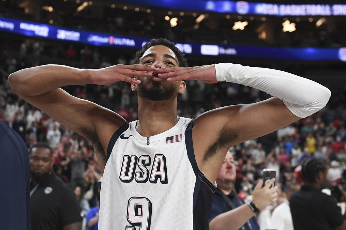 USA guard Tyrese Haliburton (9) gestures to the fans after defeating Canada in the USA Basketball Showcase at T-Mobile Arena.