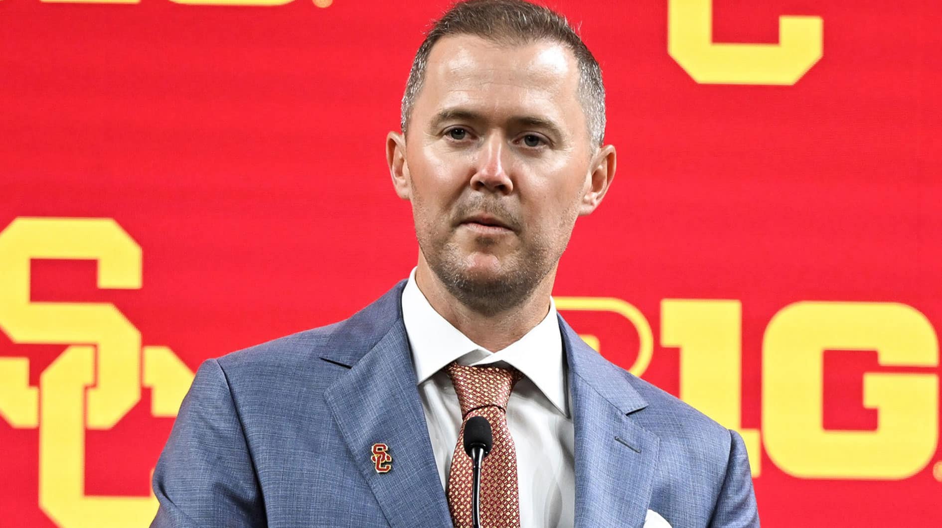 USC Trojans head coach Lincoln Riley speaks to the media during the Big 10 football media day at Lucas Oil Stadium. 