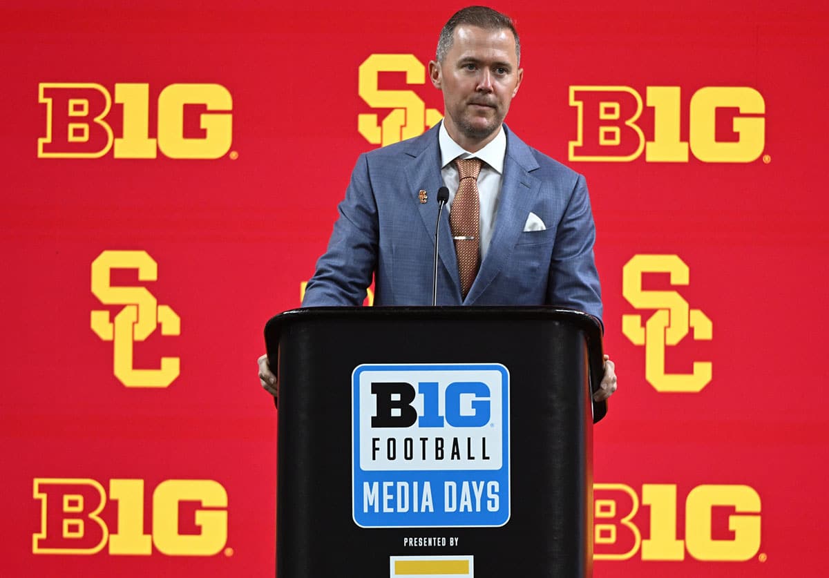 USC Trojans head coach Lincoln Riley speaks to the media during the Big 10 football media day at Lucas Oil Stadium. 