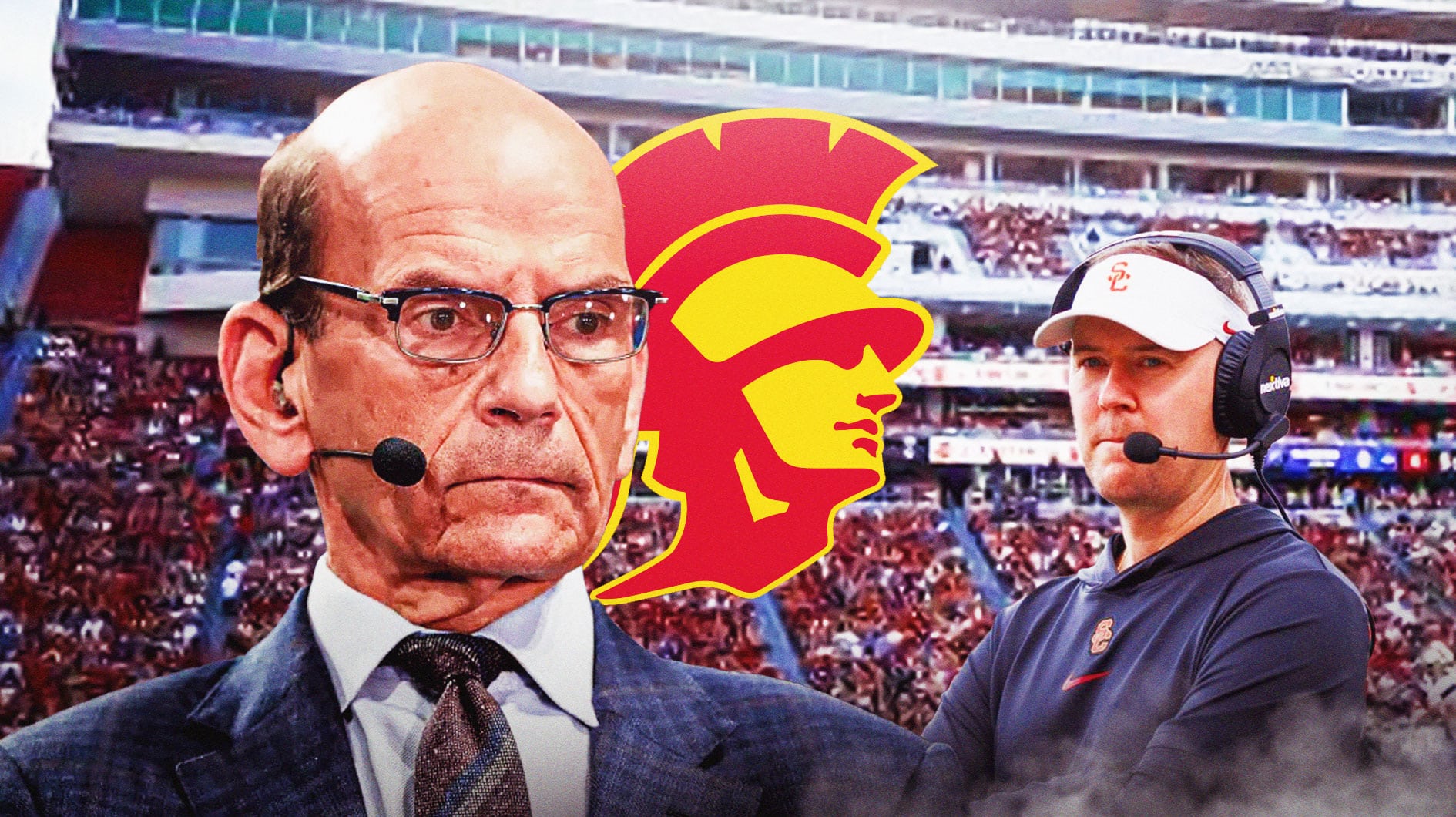 ESPN commentator Paul Finebaum on left side, USC Trojans logo in center, USC Football head coach Lincoln Riley on right side, Los Angeles Memorial Coliseum (home stadium of the USC Trojans) in background