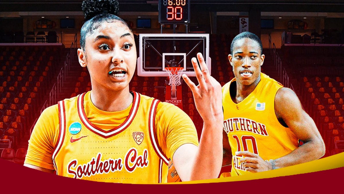 USC basketball player JuJu Watkins alongside DeMar DeRozan in his old USC basketball jersey with the USC Trojans logo in the background