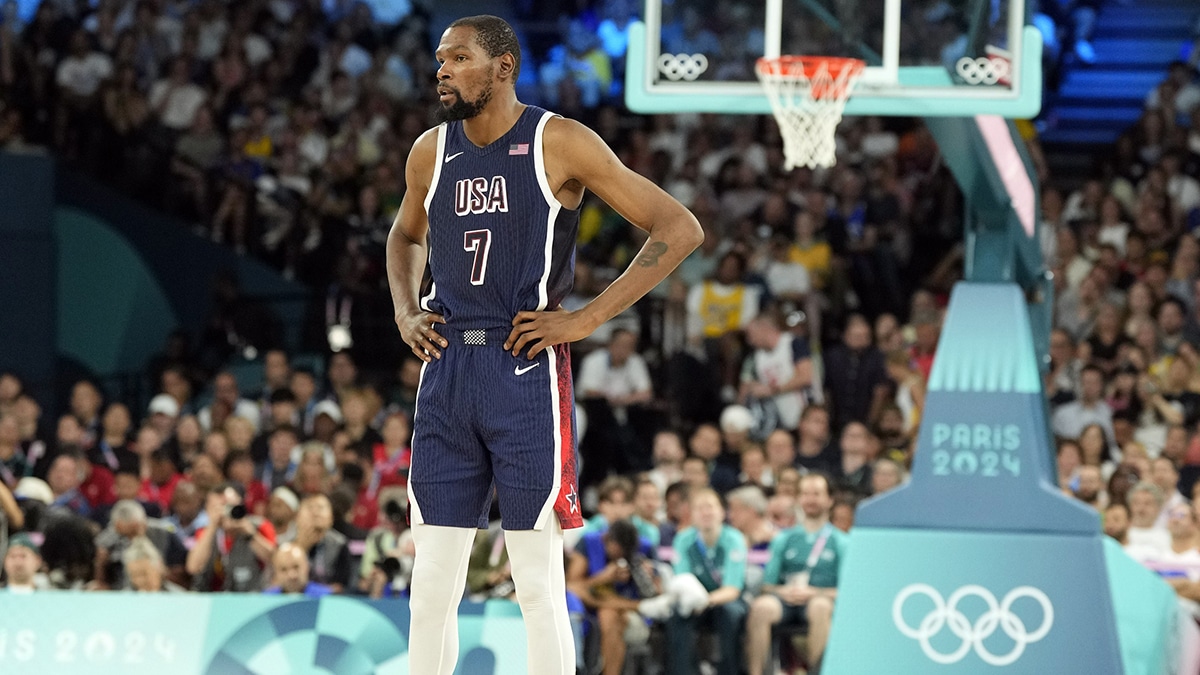 Aug 6, 2024; Paris, France; United States guard Kevin Durant (7) looks on in the first half against Brazil in a men’s basketball quarterfinal game during the Paris 2024 Olympic Summer Games at Accor Arena. Mandatory Credit: Kyle Terada-USA TODAY Sports