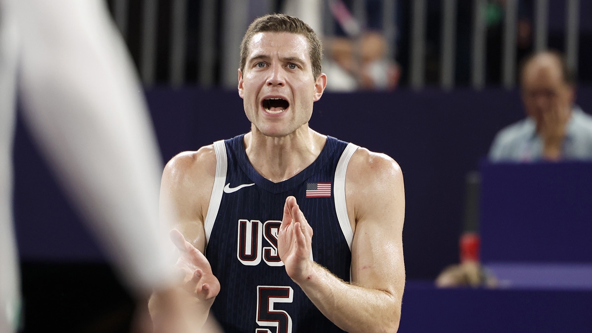 Jul 30, 2024; Paris, France; United States player Jimmer Fredette (5) reacts in the men’s pool basketball 3x3 game against Serbia during the Paris 2024 Olympic Summer Games at La Concorde 1. Mandatory Credit: Yukihito Taguchi-USA TODAY Sports