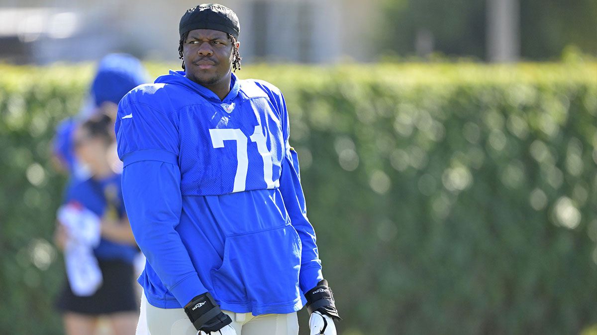 Los Angeles Rams offensive tackle Alaric Jackson (77) looks on during training camp at Loyola Marymount University.