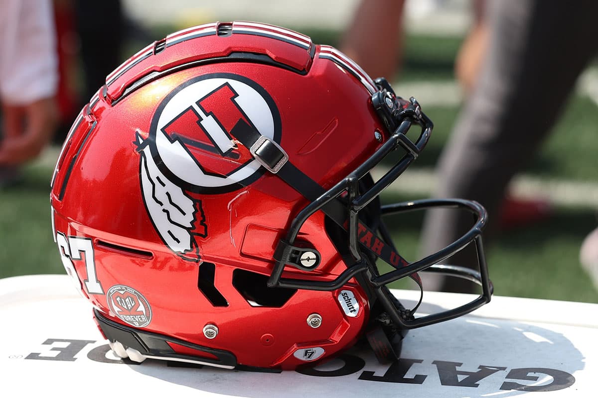 A general view of the football helmet worn by the Utah Utes against the Southern Utah Thunderbirds at Rice-Eccles Stadium.