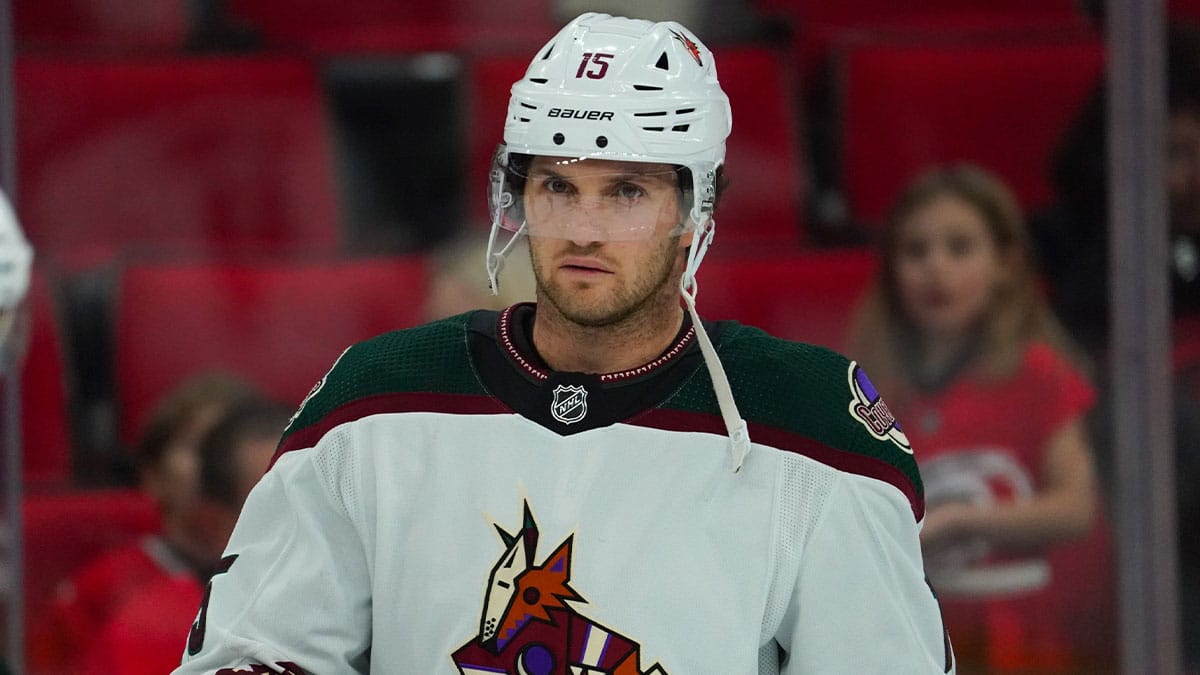 Arizona Coyotes center Alexander Kerfoot (15) skates before the game during the warmups against the Carolina Hurricanes at PNC Arena.