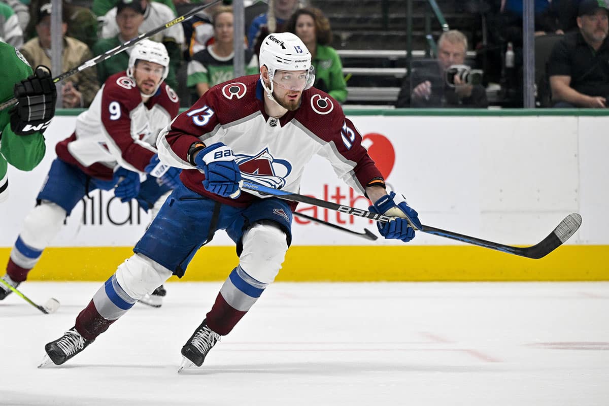 Colorado Avalanche right wing Valeri Nichushkin (13) skates against the Dallas Stars during the third period in game two of the second round of the 2024 Stanley Cup Playoffs at American Airlines Center.