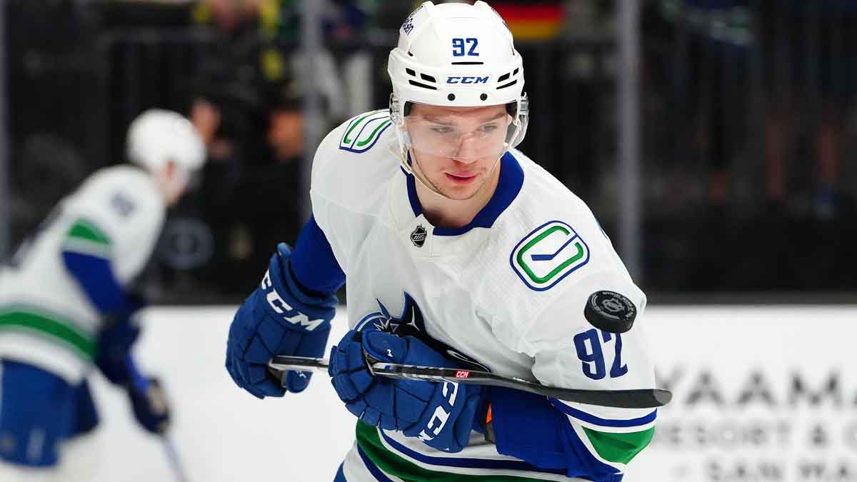 Vancouver Canucks right wing Vasily Podkolzin (92) warms up before a game against the Vegas Golden Knights at T-Mobile Arena.