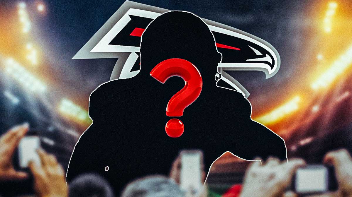 A silhouette of an American football player with a big question mark emoji inside. There is also a logo for the Atlanta Falcons.