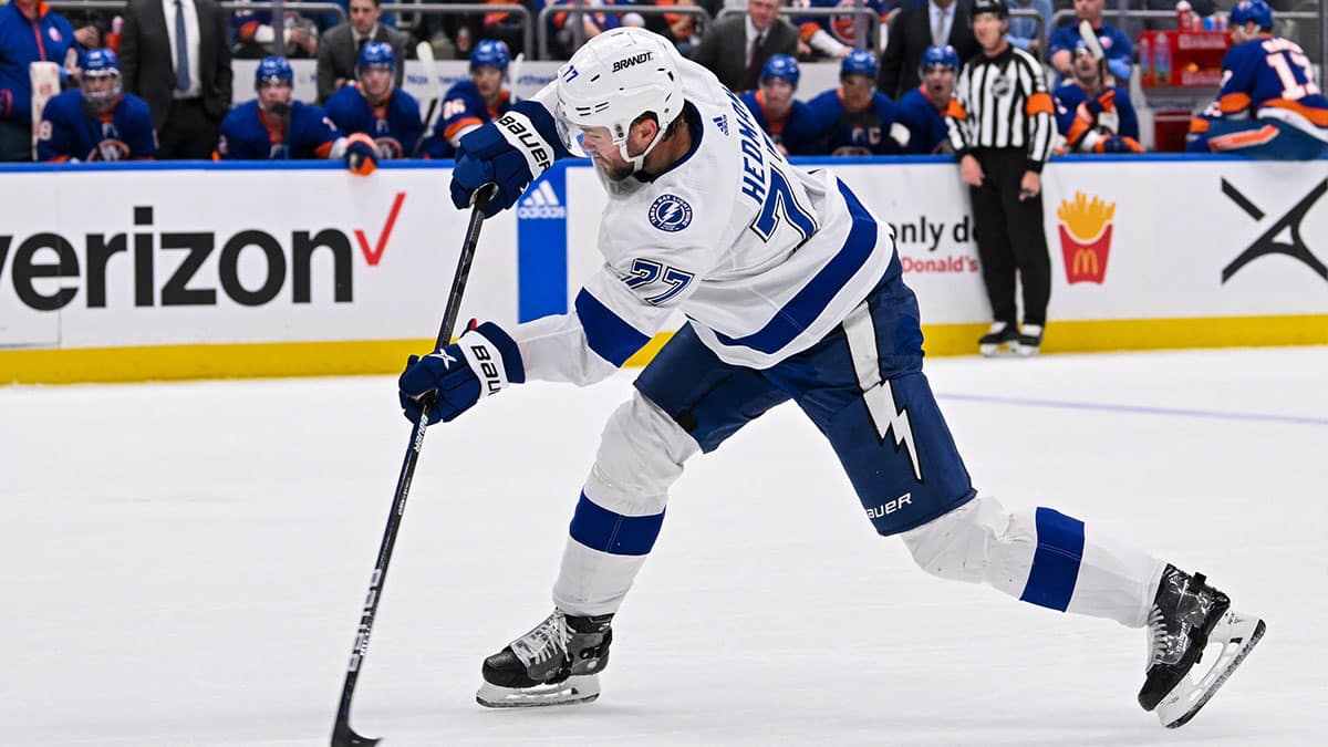 Tampa Bay Lightning defenseman Victor Hedman (77) attempts a shot against the New York Islanders during the first period at UBS Arena