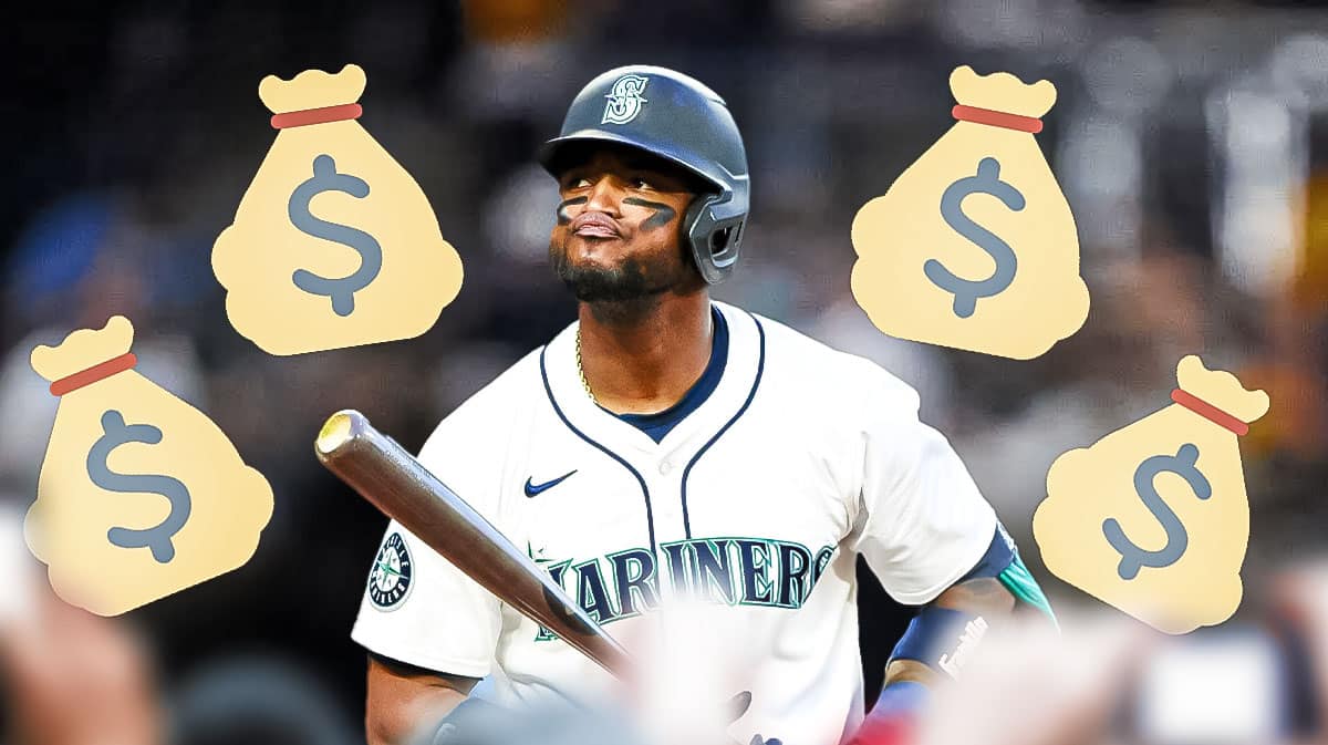 Victor Robles in Mariners uniform surrounded by money bag emojis