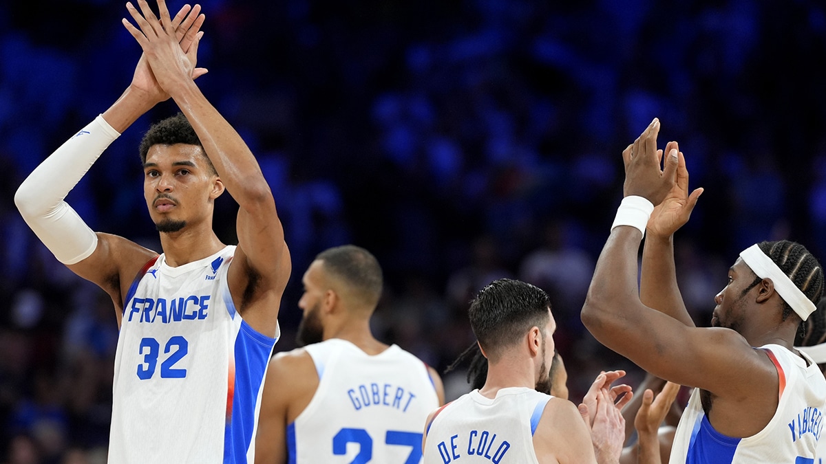 France power forward Victor Wembanyama (32) reacts after the loss against Germany in men’s group B basketball game during the Paris 2024 Olympic Summer Games at Stade Pierre-Mauroy.