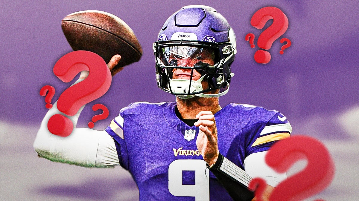 J.J. McCarthy surrounded by question marks with a Vikings-themed background.