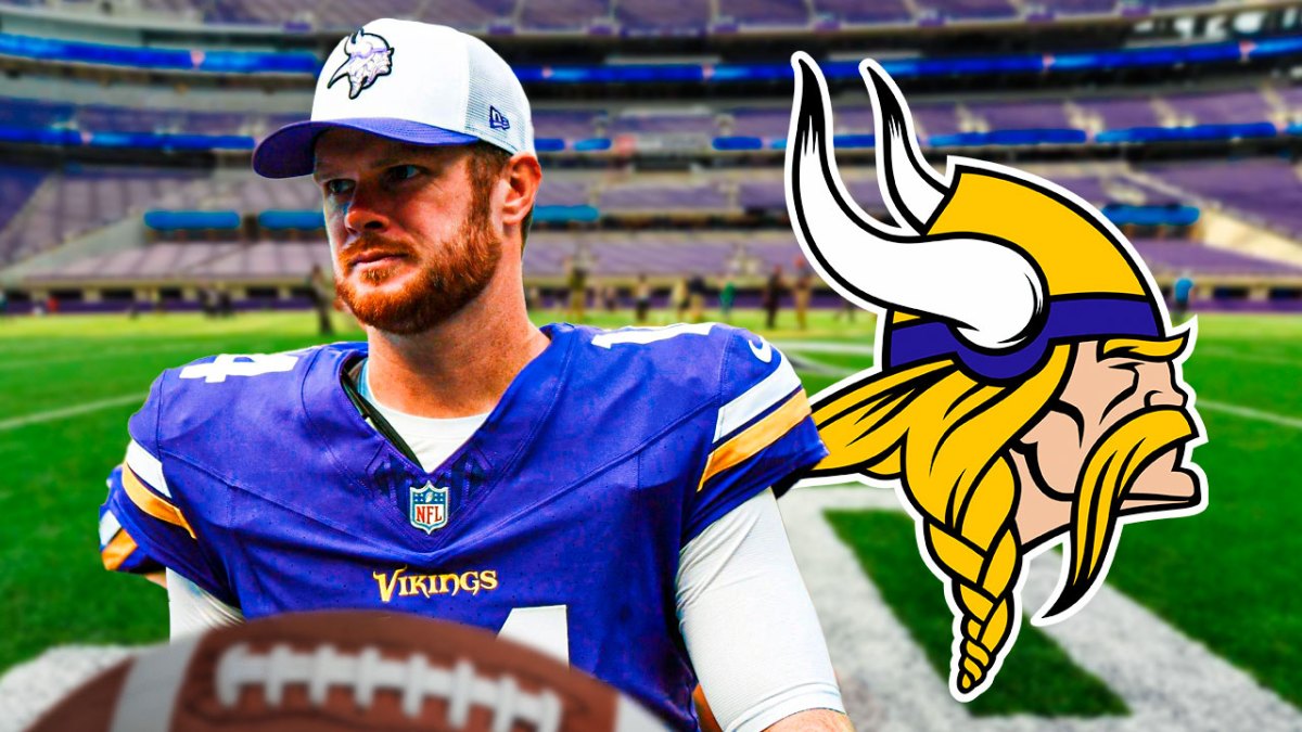 Sam Darnold looking upset next to a Vikings logo at US Bank Stadium