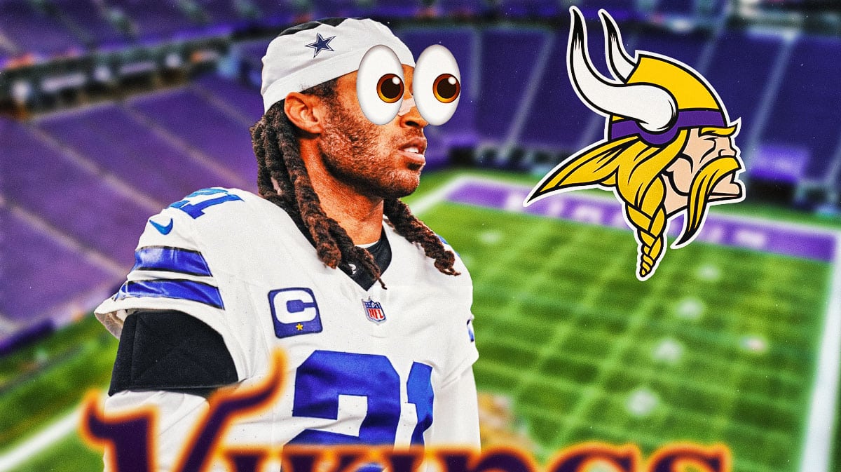 Stephon Gilmore looks at Vikings logo with bulging eyes