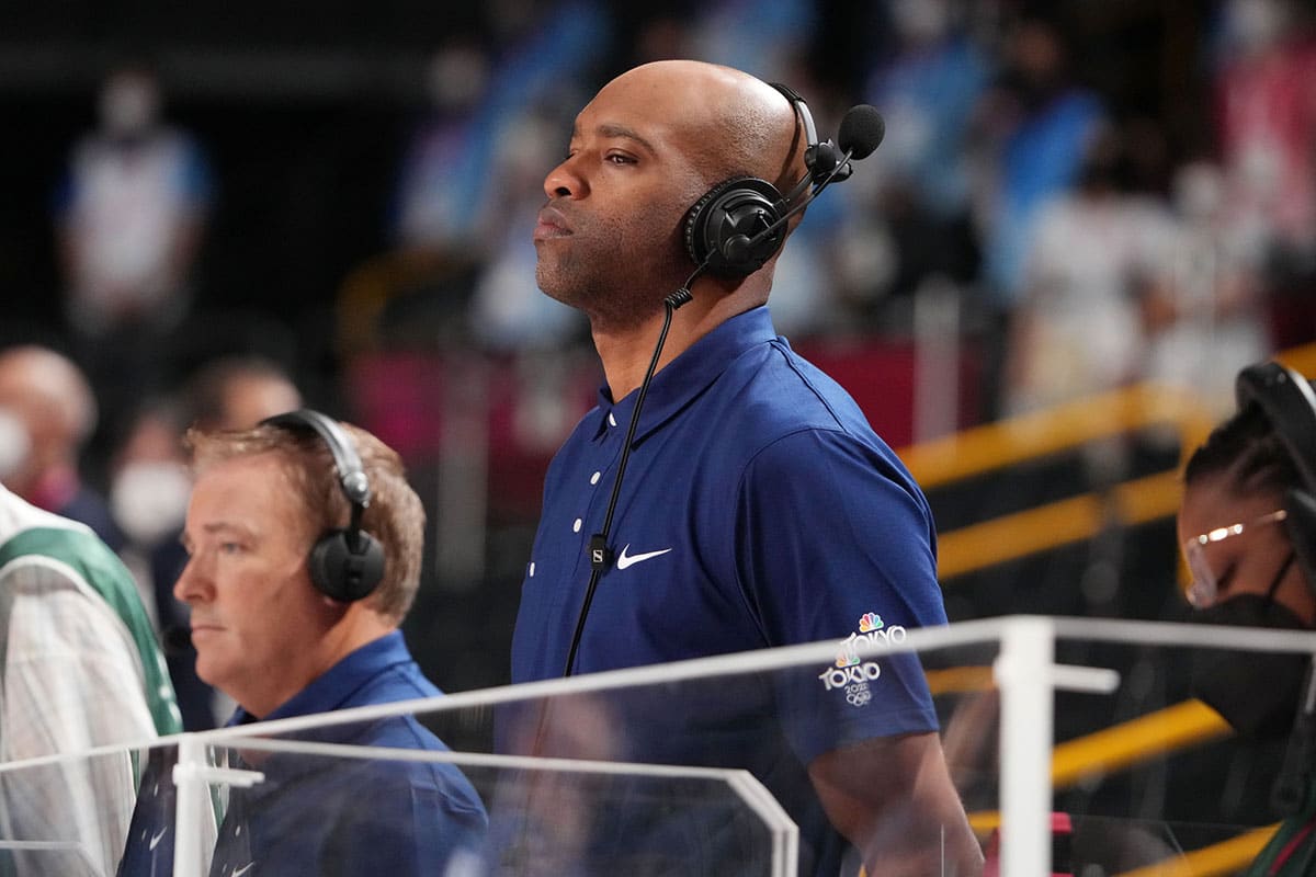  Vince Carter is seen on the sidelines as USA plays France in the gold medal game during the Tokyo 2020 Olympic Summer Games at Saitama Super Arena.