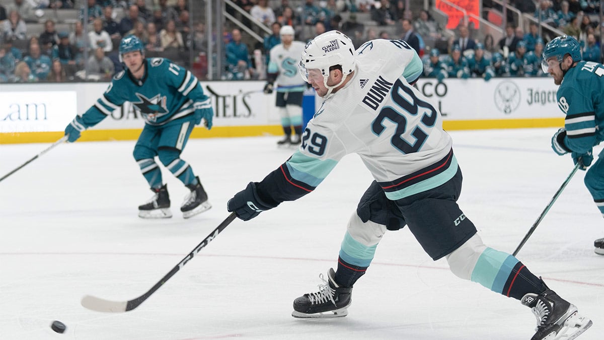 Seattle Kraken defenseman Vince Dunn (29) shoots the puck during the third period against the San Jose Sharks at SAP Center at San Jose.