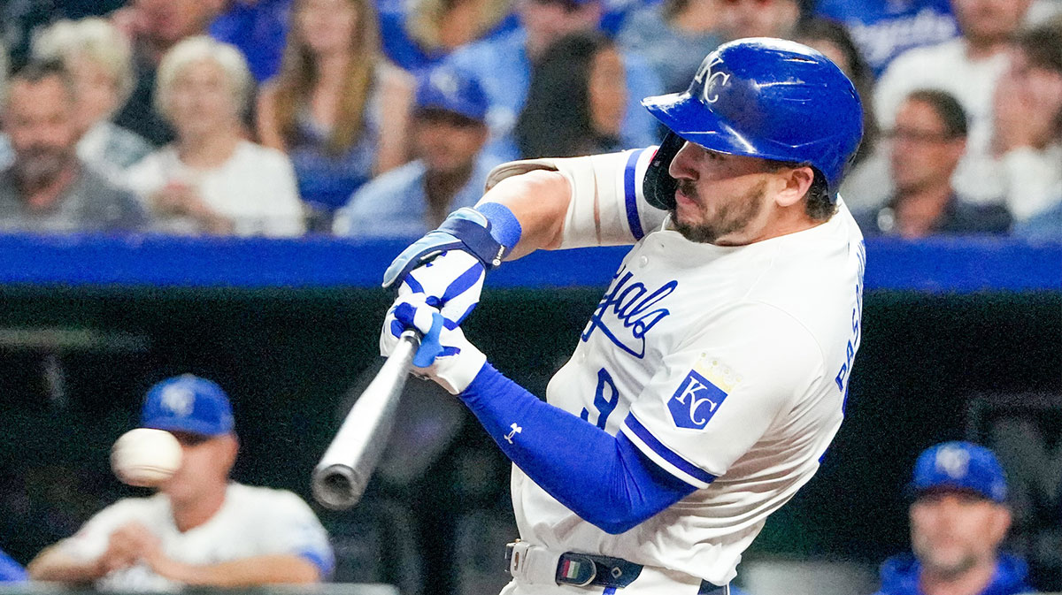 Kansas City Royals designated hitter Vinnie Pasquantino (9) hits a two-run single against the Los Angeles Angels in the seventh inning at Kauffman Stadium.