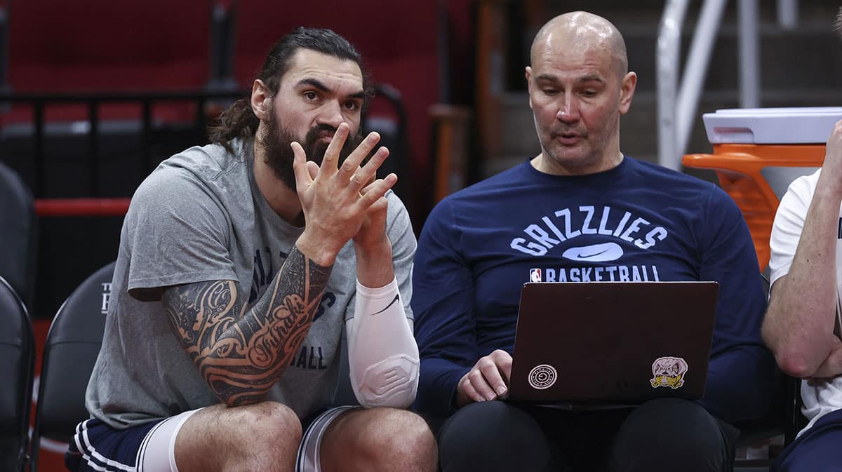 Memphis Grizzlies center Steven Adams (4) talks with assistant coach Vitaly Potapenko before the game against the Houston Rockets at Toyota Center. 