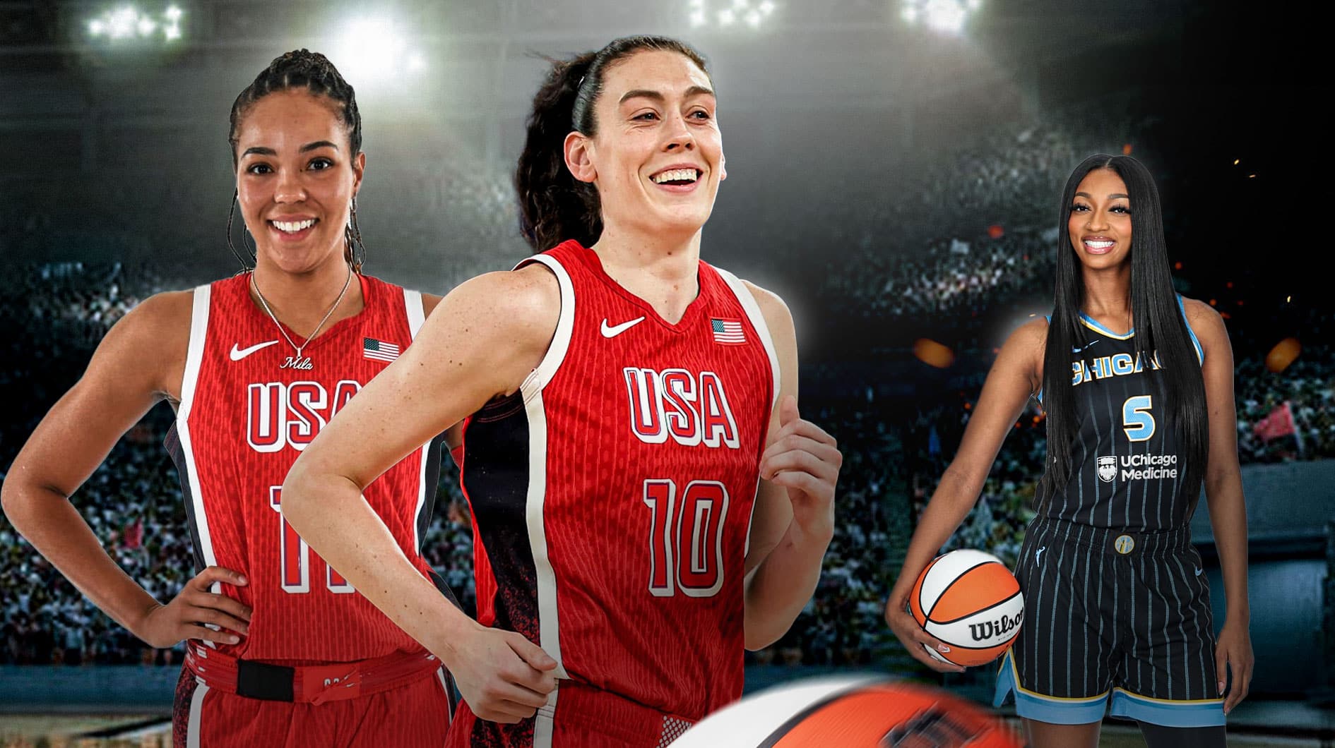 Team USA's Napheesa Collier and Breanna Stewart smiling at Sky's Angel Reese