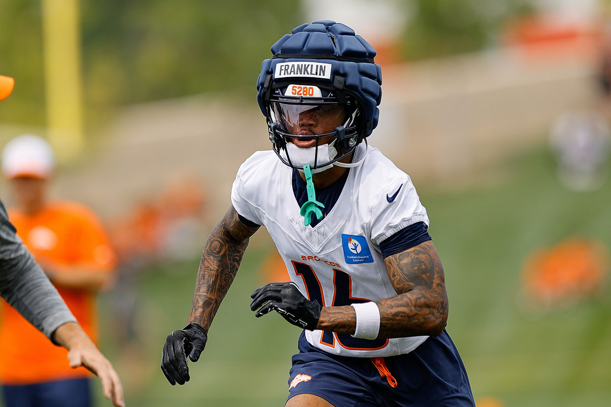 Denver Broncos wide receiver Troy Franklin (16) during training camp at Broncos Park Powered by CommonSpirit.