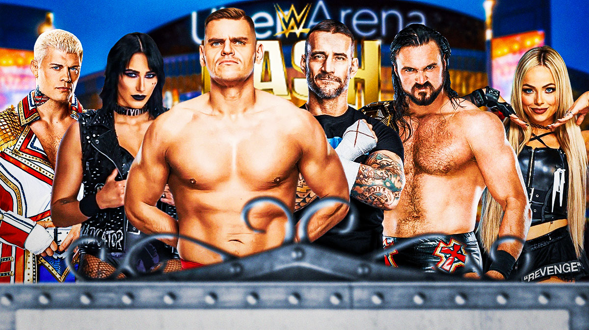 WWE Bash in Berlin logo for PLE with Uber Arena background, superstars (L-R) Cody Rhodes, Rhea Ripley, Gunther, CM Punk, Drew McIntyre, and Liv Morgan.