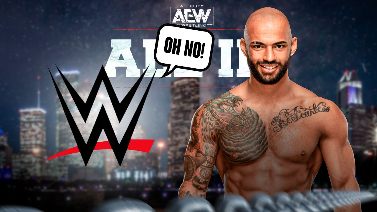 The WWE logo with a text bubble reading "Oh no!" on the left, Ricochet on the right, with the AEW All In logo as the background.