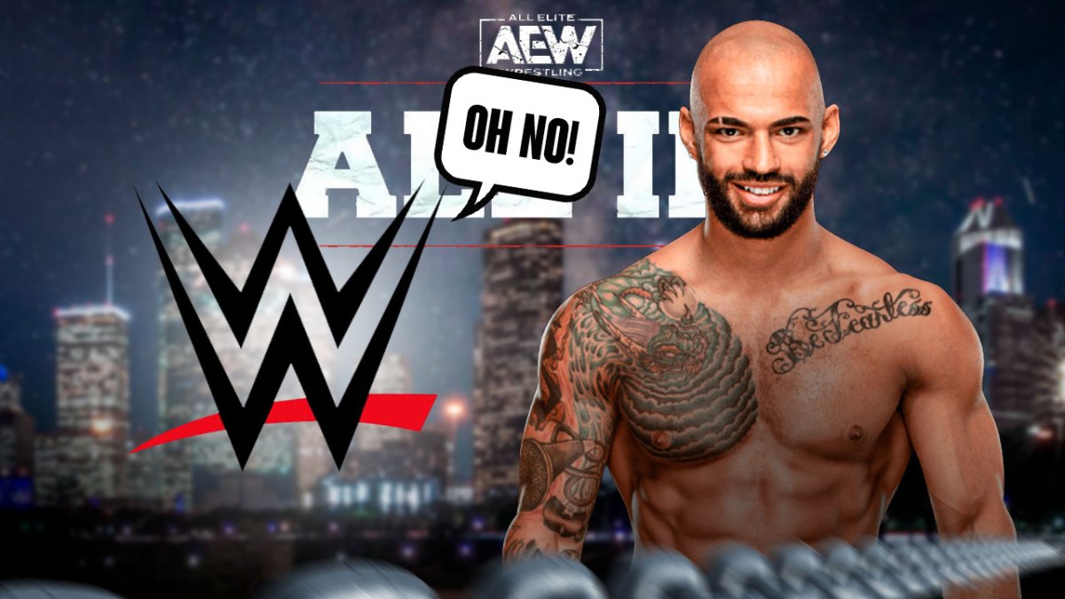 The WWE logo with a text bubble reading "Oh no!" on the left, Ricochet on the right, with the AEW All In logo as the background.