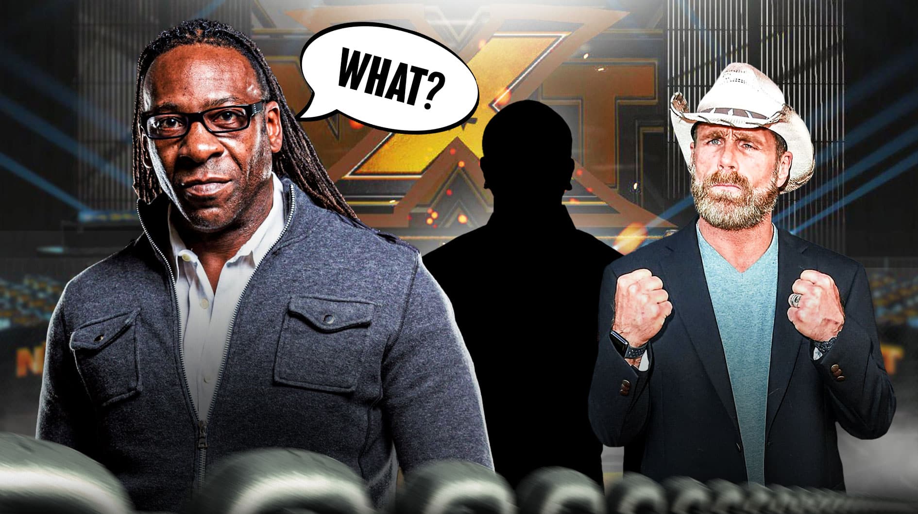 Booker T on the left with a text bubble reading "What?" Shawn Michaels on the right, and the blacked-out silhouette of Bryan Keith between them with the NXT logo as the background.