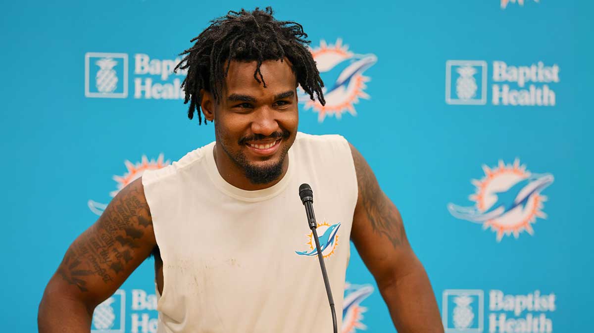 Miami Dolphins wide receiver Jaylen Waddle (17) talks to reporters during an interview after training camp at Baptist Health Training Complex.