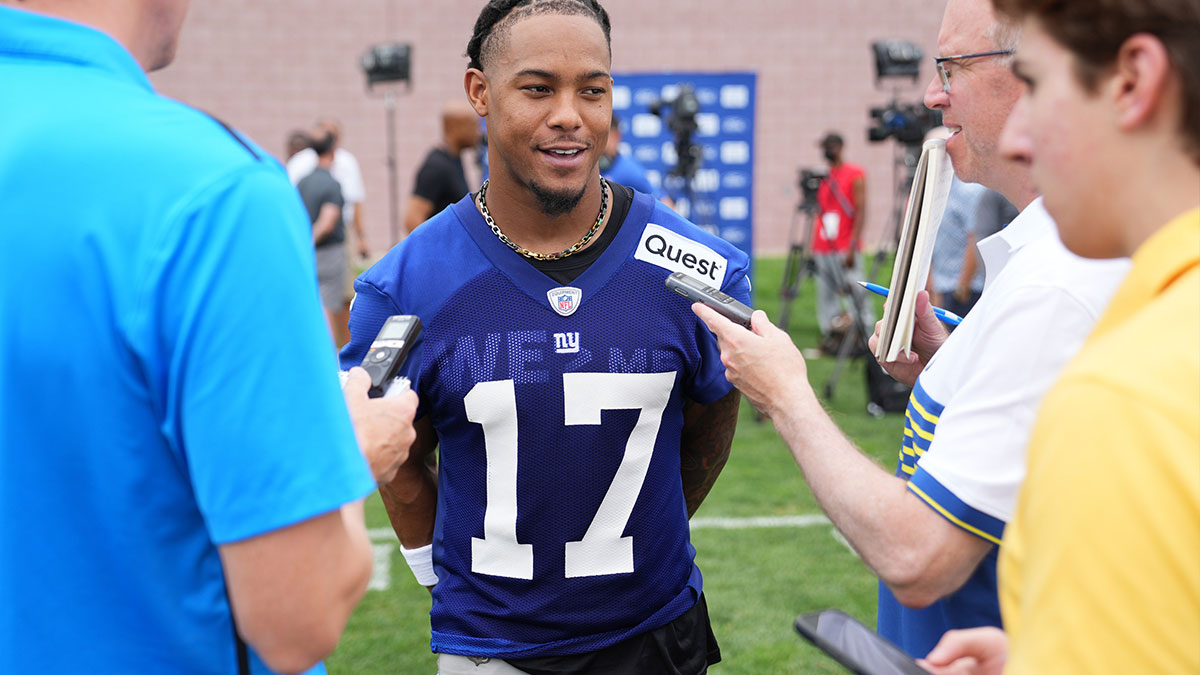 New York Giants wide receiver Wan'Dale Robinson (17) gives an interview after training camp at Quest Diagnostics Training Center.
